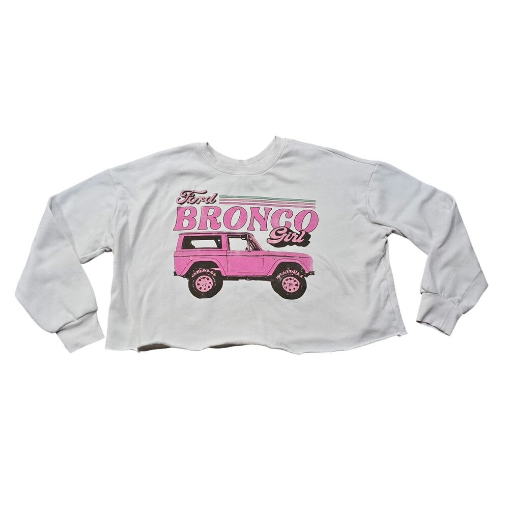 Ford Bronco Girl Graphic Pink & White Cropped Long Sleeve Sweater Shirt